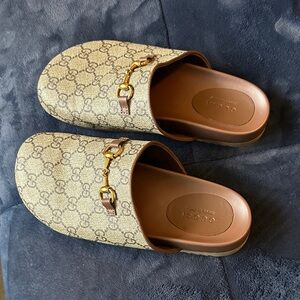 Gucci Tan Monogram Slides with Gold Detail
